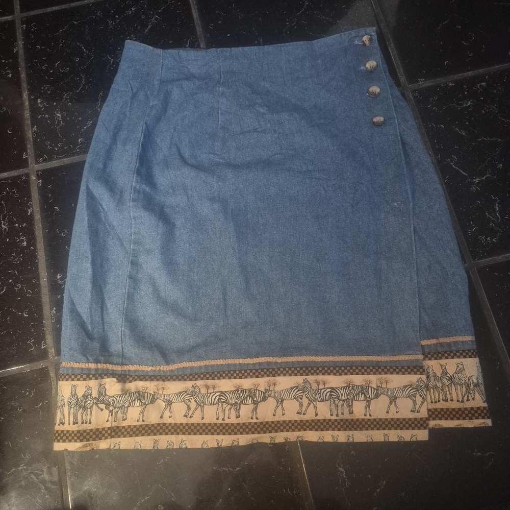 Vtg Bentley Arbuckle Wrap Denim Skirt with Zebra Print